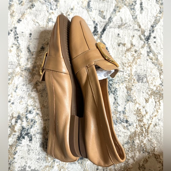 Arezzo women’s tan neutral color leather loafer with large gold buckle accent - Picture 11 of 13